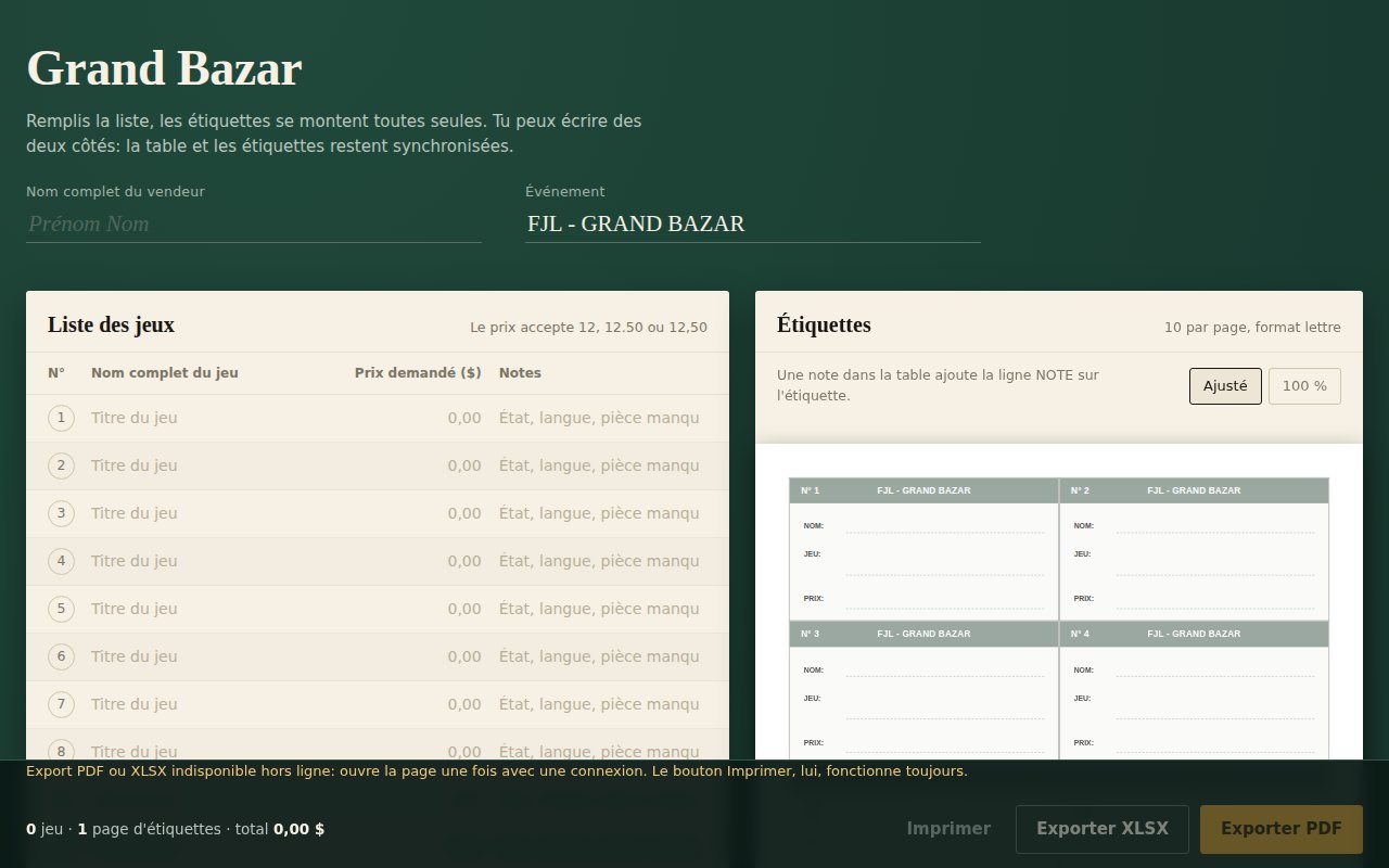 Screenshot of Étiquettes pour bazar de jeux